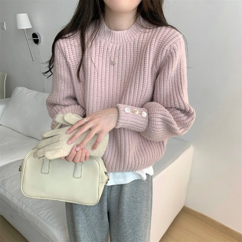 Damen Grobstrickpullover mit Rundhalsausschnitt und dekorativen Knöpfen Drune