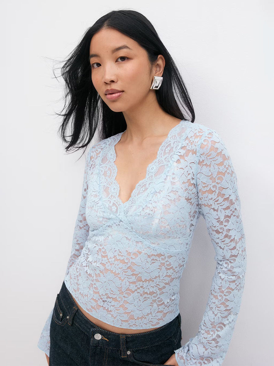 Damen Spitzenshirt mit tiefem V-Ausschnitt und langen Ärmeln Drune