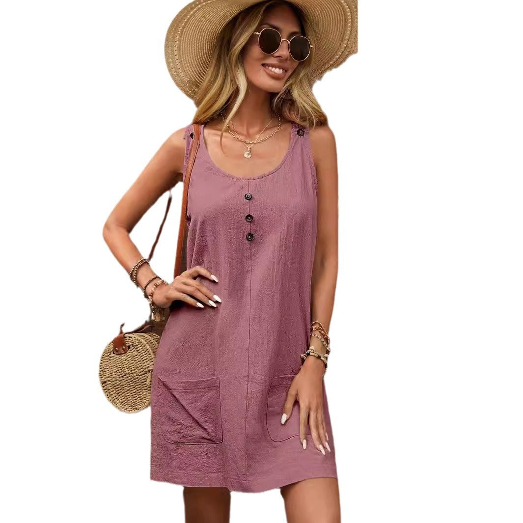 Damen lässiges Sommerkleid mit Knopfdetails und praktischen Taschen Drune