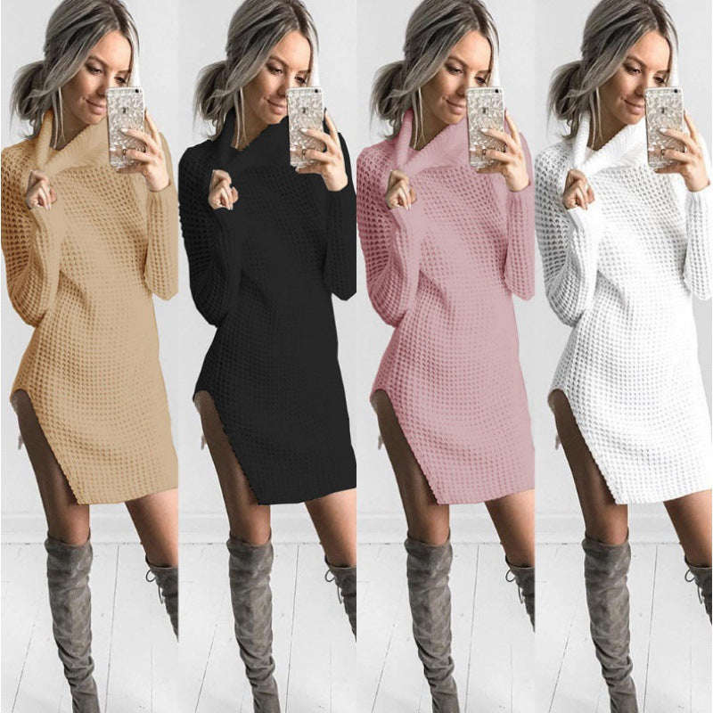 Damen Strickpullover mit hohe Kragen und seitlichem Schlitz Drune