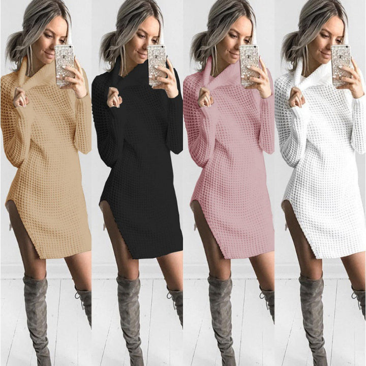 Damen Strickpullover mit hohe Kragen und seitlichem Schlitz Drune