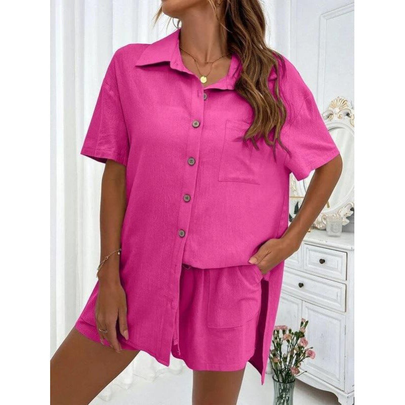 Damen luftiges Zweiteiliges Set mit Hemdbluse und Shorts Drune