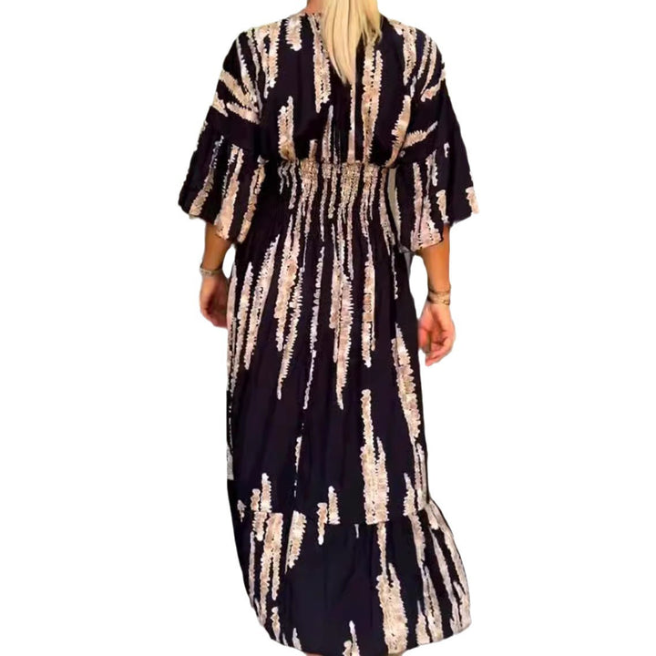Damen nan Maxikleid mit V-Ausschnitt, vertikalem Pinselprint, geraffter Unterbrustnaht und stufigem Volantrock Drune