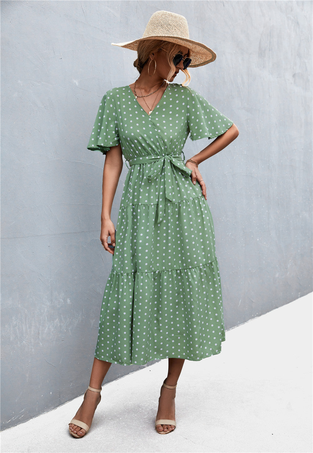 Damen Midikleid mit floralem Design und bindbarem Taillenband Drune