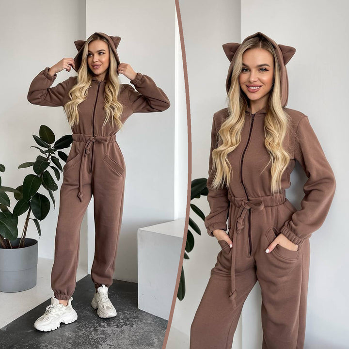 Damen Kuscheliger Jumpsuit mit Känguru-Taschen und Tierohren Drune
