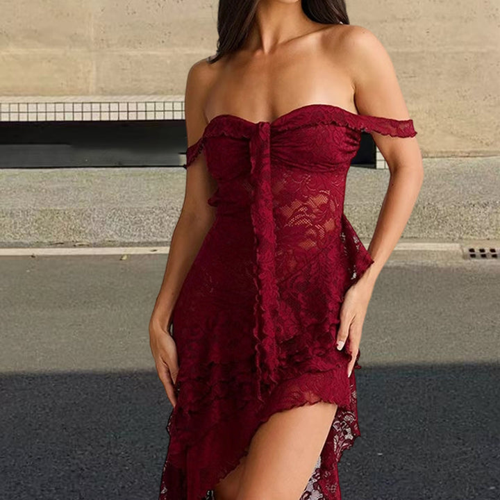 Damen Asymmetrisches Spitzenkleid mit raffinierten Rüschendetails und off-shoulder Design Drune