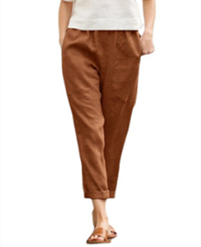 Damen nan leichte Leinenhose mit elastischem Bund, seitlichen Eingrifftaschen und gekrempeltem Saum Drune