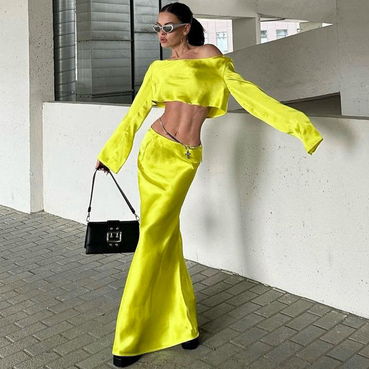 Damen Asymmetrisches Crop-Top mit langem Arm und fließendem Rock Drune
