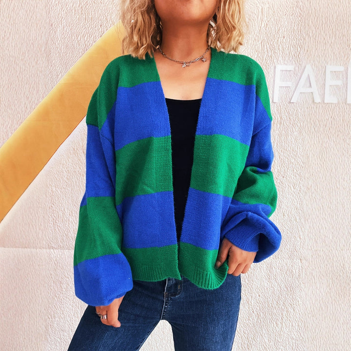 Damen lässige Strickjacke mit breitem Streifenmuster und extra weitem Schnitt Drune