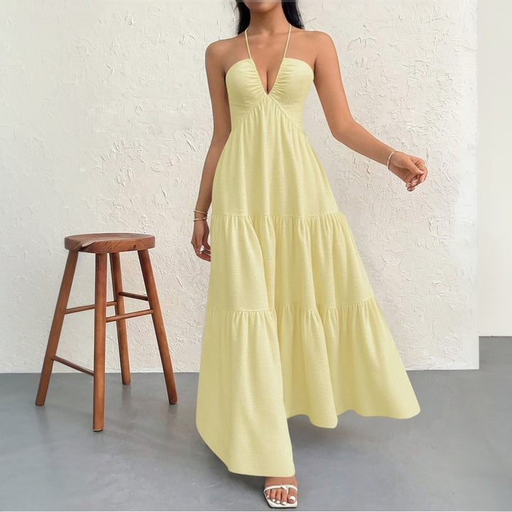 Damen Maxikleid mit tiefem V-Ausschnitt und Volants Drune