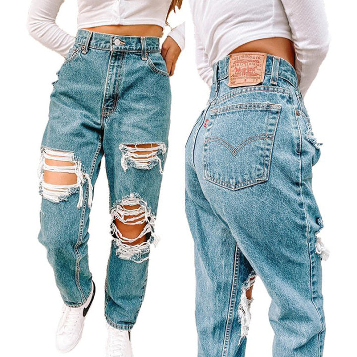 Damen Vintage High-Waist Destroyed Jeans mit fransigen Details Drune