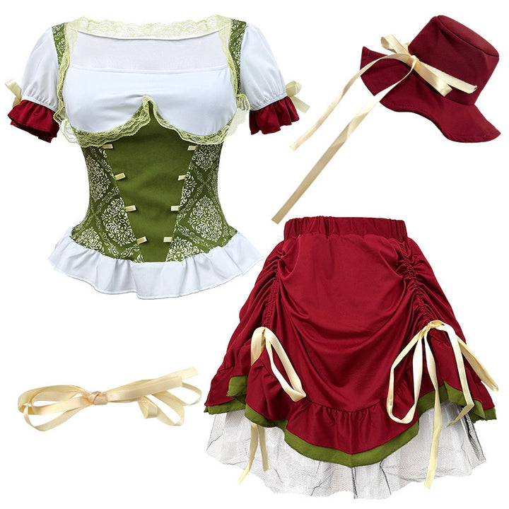 Damen nan traditionelles Dirndl Trachtenkleid Ensemble mit verstellbarem Corsagenmieder und langem Stufenrock Drune
