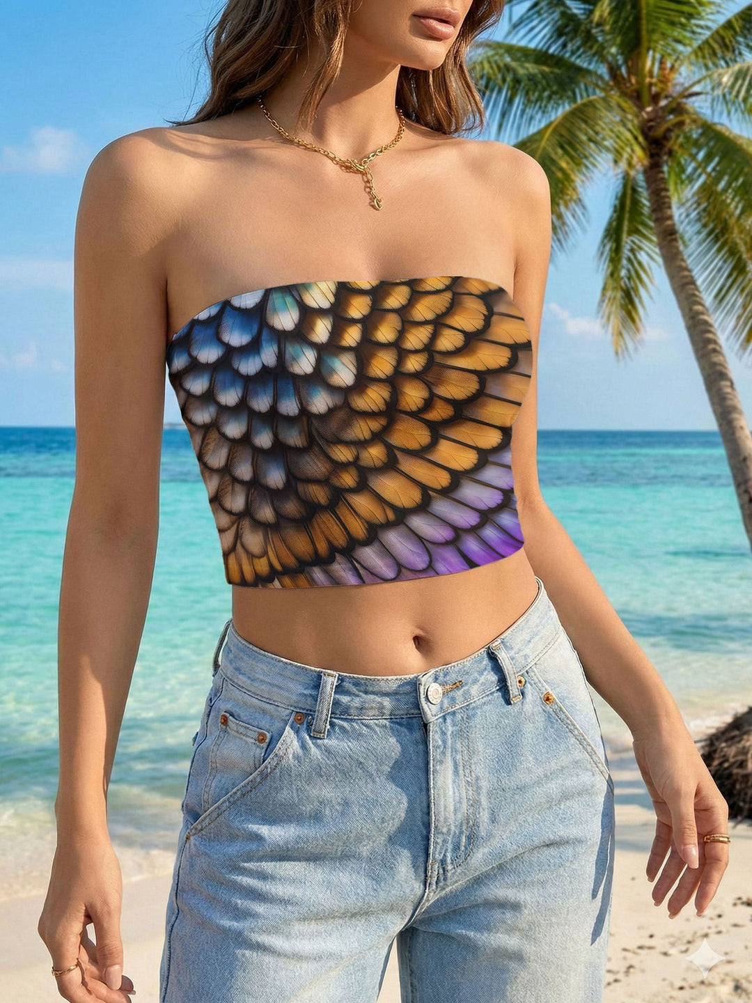 Damen Bandeau-Top mit floralem Vogelmotiv und elastischer Passform Drune
