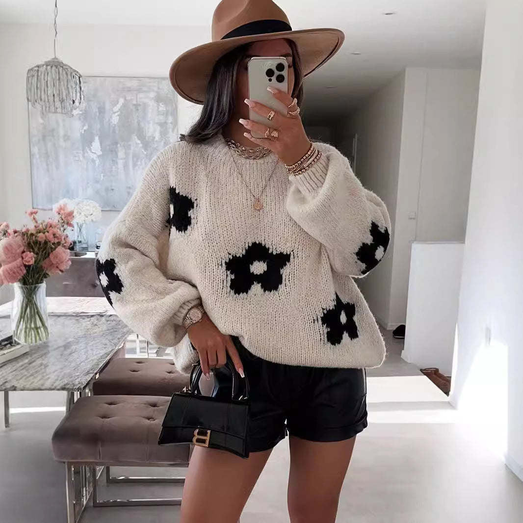 Damen kuscheliger Strickpullover mit einzigartigem Blumendesign Drune