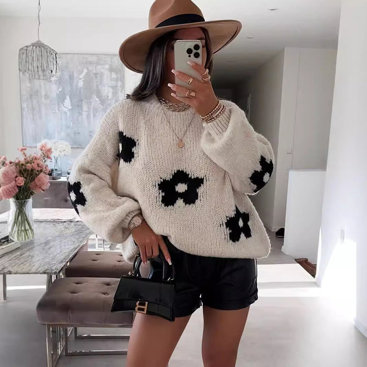 Damen kuscheliger Strickpullover mit einzigartigem Blumendesign Drune