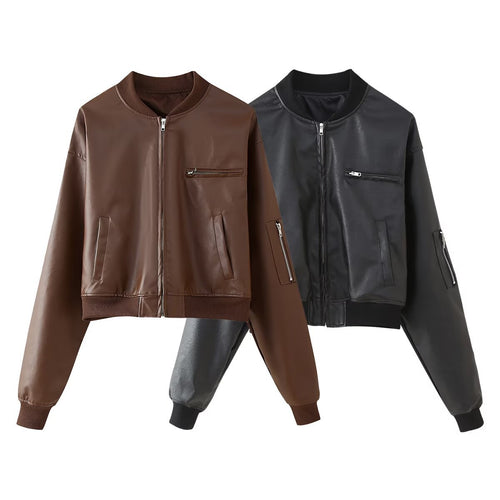 Damen modische Bomberjacke im lässigen Leder-Look mit praktischen Taschen Drune