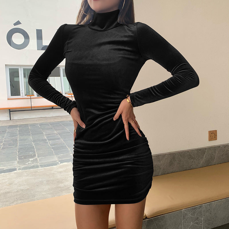Damen exklusives Samt-Minikleid mit Stehkragen und raffinierten Rüschendetails Drune