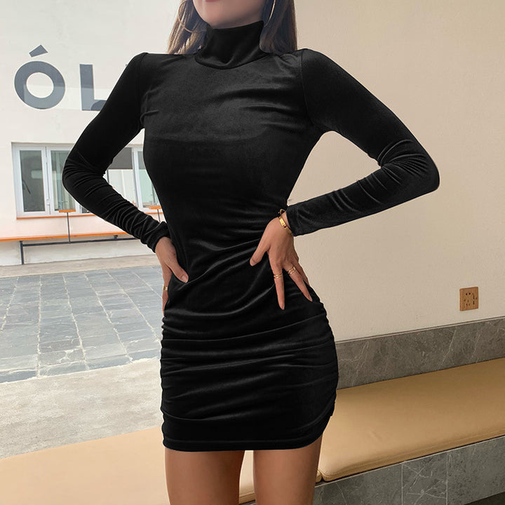 Damen exklusives Samt-Minikleid mit Stehkragen und raffinierten Rüschendetails Drune