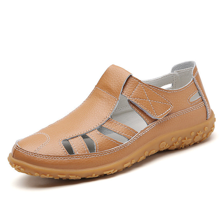 Damen nan geschlossener Leder-Sommerschuh mit Aussparungen Klettverschluss und dämpfender Noppenlaufsohle Drune