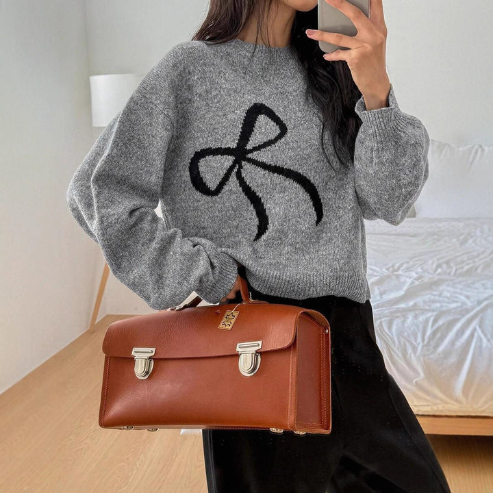 Damen kuscheliger Strickpullover mit dekorativem Schleifenmotiv Drune