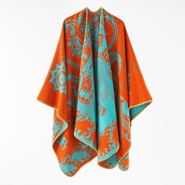 Damen eleganter Übergang-Poncho mit kunstvollem floralen Muster und fransigen Abschlüssen Drune