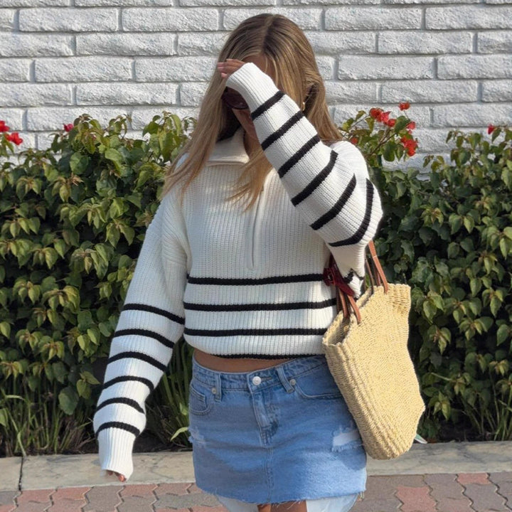 Damen sportlicher Strickpullover mit halbem Reißverschluss und Streifenmuster Drune