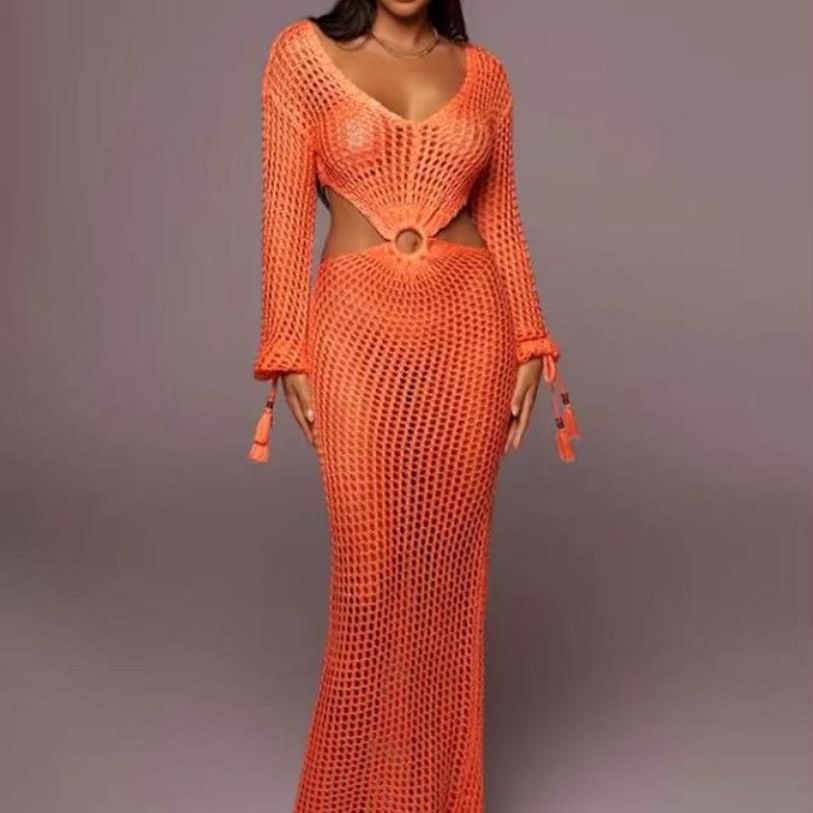 Damen Häkel-Maxikleid mit Cut-Out-Details und dekorativem Gürtel Drune