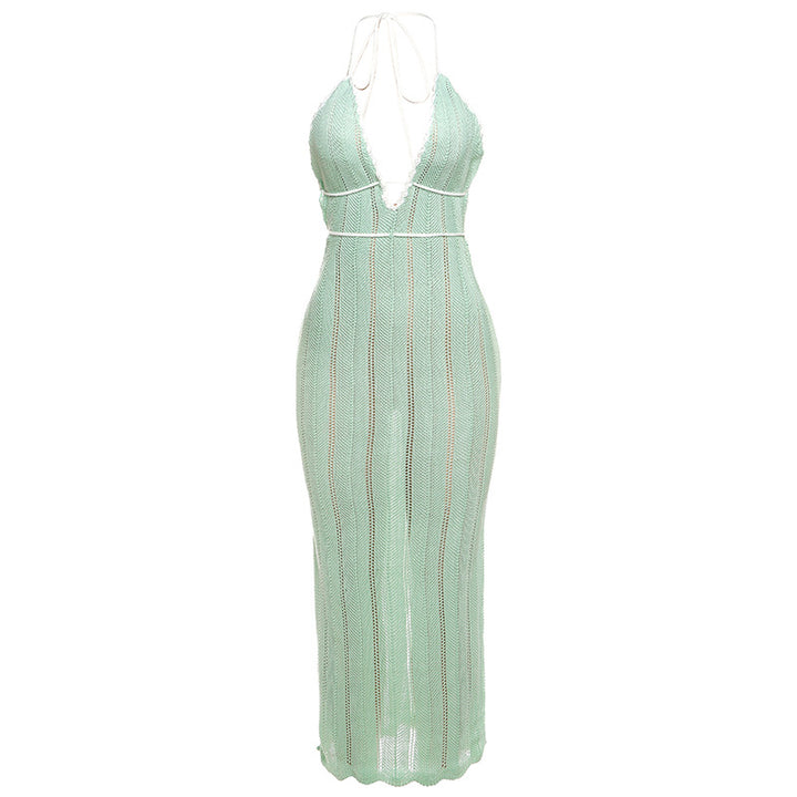 Damen Strick Maxikleid mit tiefem V-Ausschnitt und Bindebändern Drune