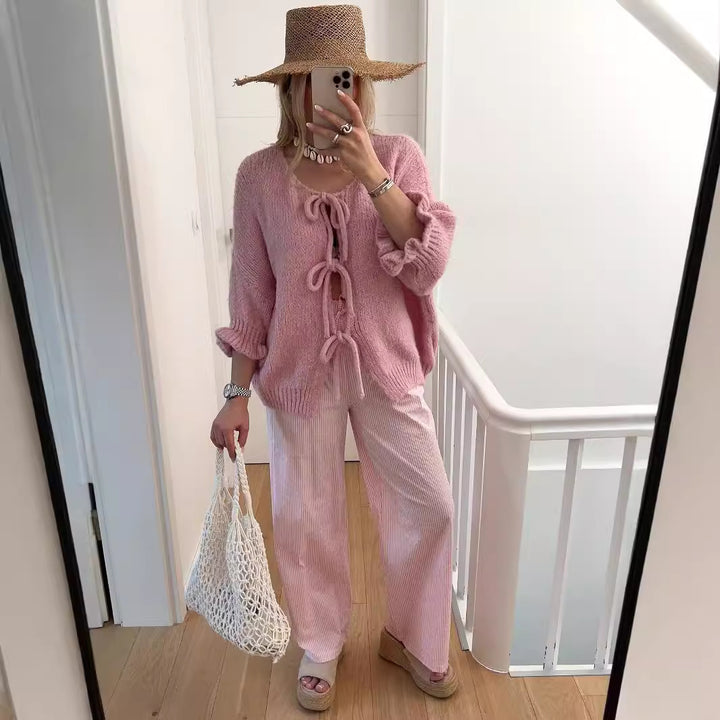 Damen lässiger Cardigan mit verspielten Schnürdetails und kurzen Ärmeln Drune