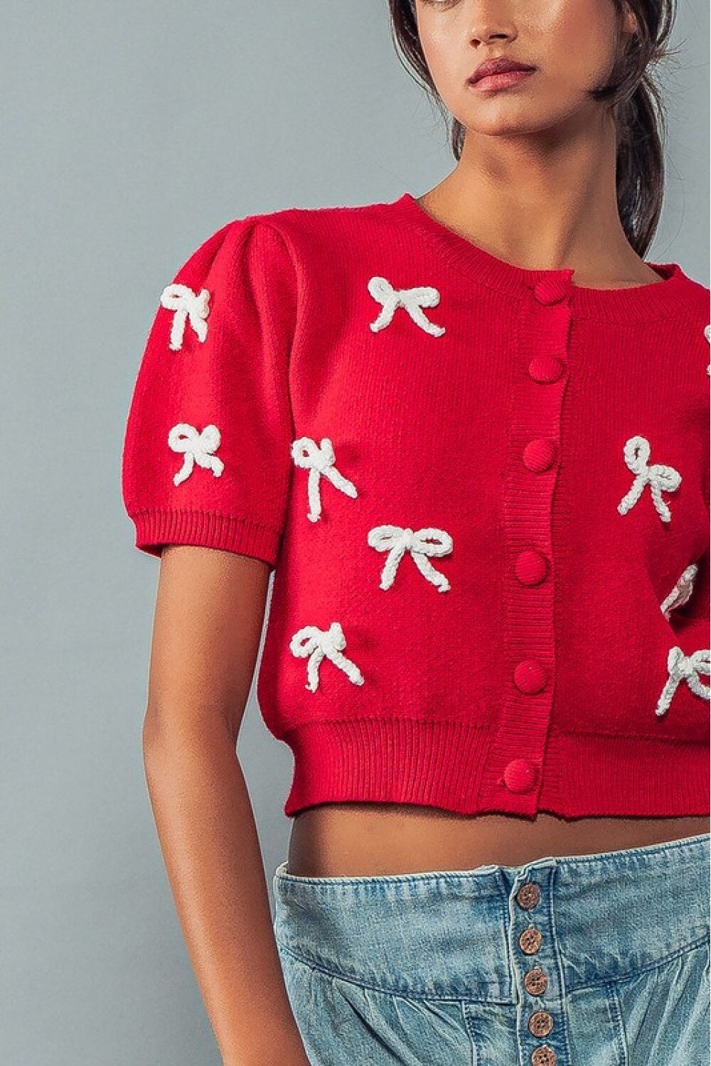 Damen Strickjacke mit dekorativen Schleifen und Knopfdetails Drune