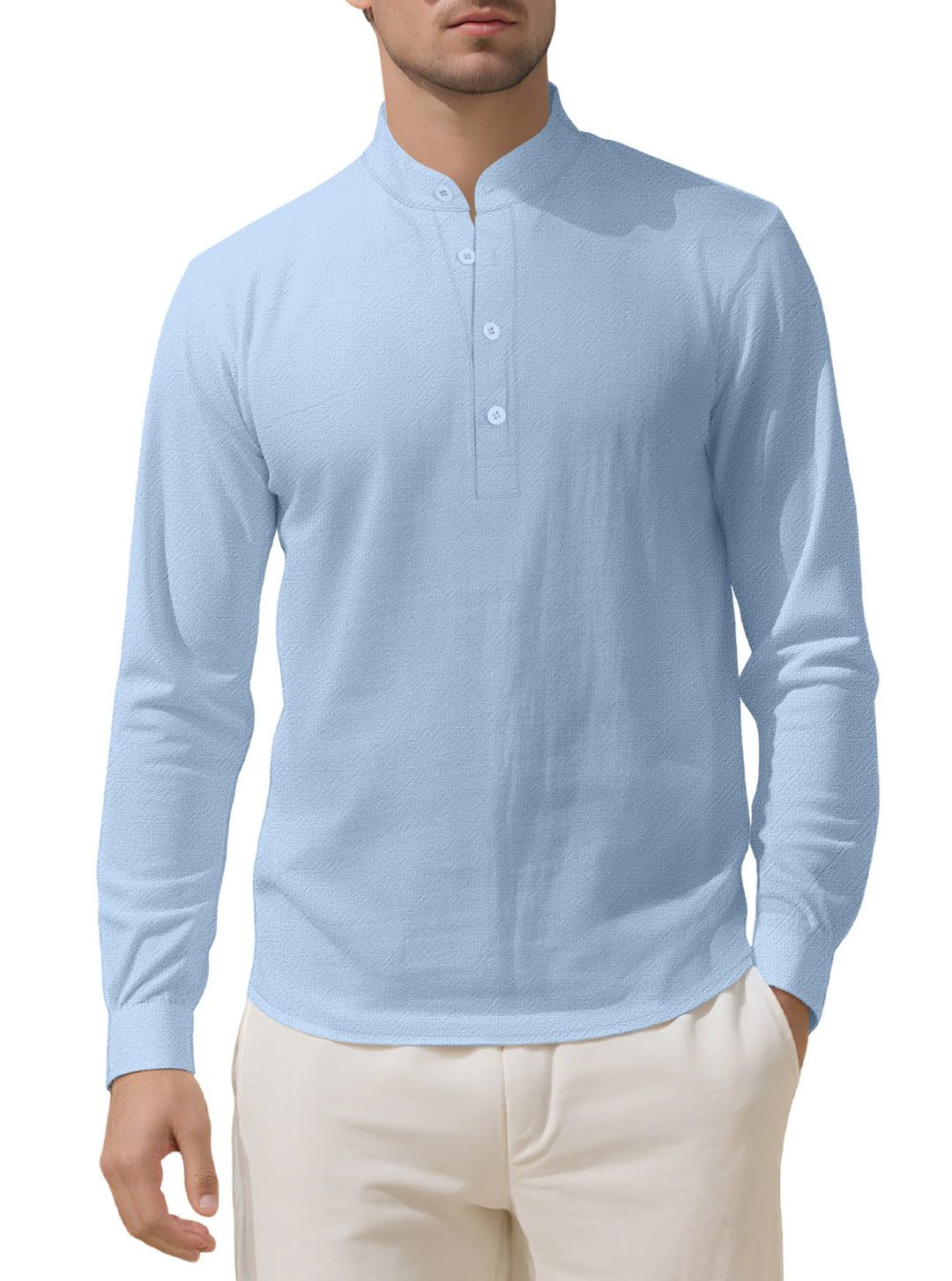 Herren nan Nehru-Kragen-Henley aus Baumwollstretch mit verdeckter Knopfleiste und schmaler Passform Drune