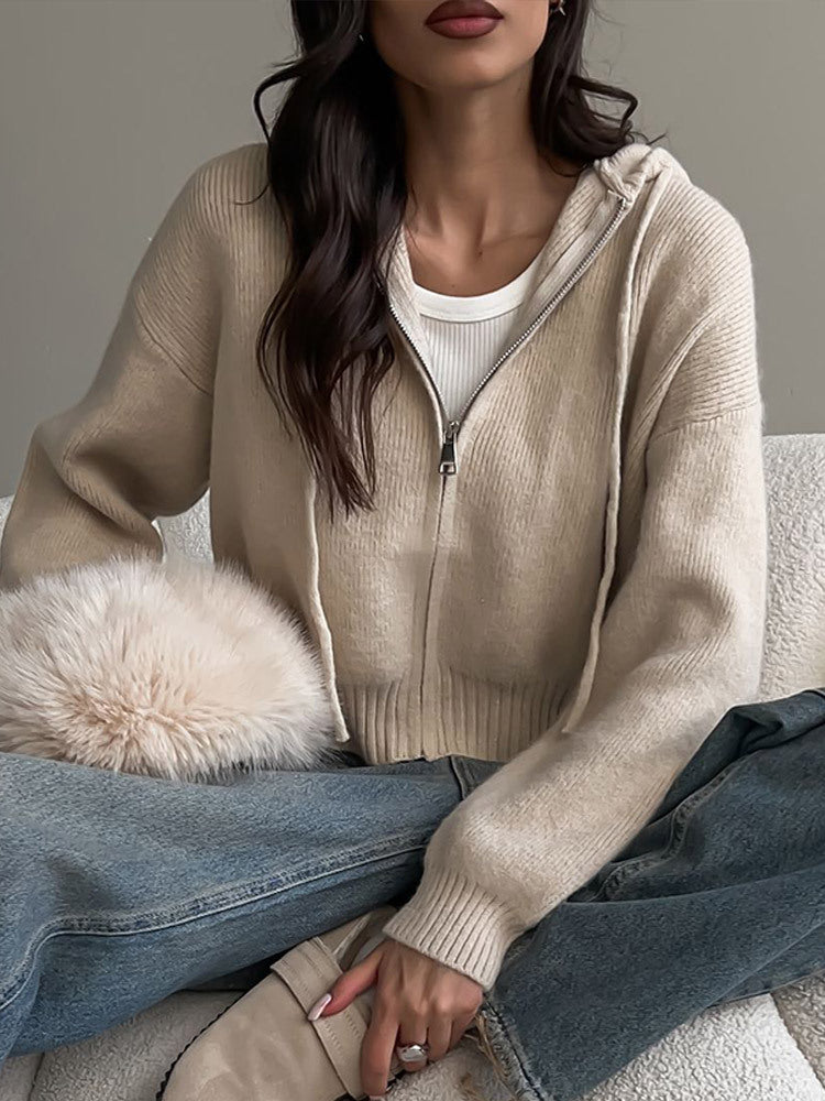 Damen lässiger Zip-Hoodie mit weichem Strick und lässiger Passform Drune