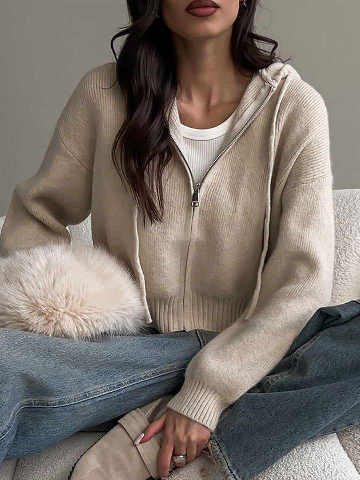Damen lässiger Zip-Hoodie mit weichem Strick und lässiger Passform Drune