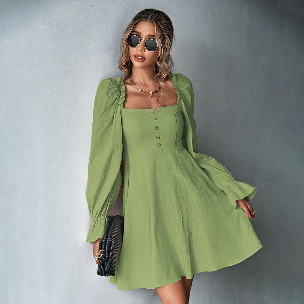 Damen Minikleid mit Puffärmeln und Knopfdetails Drune