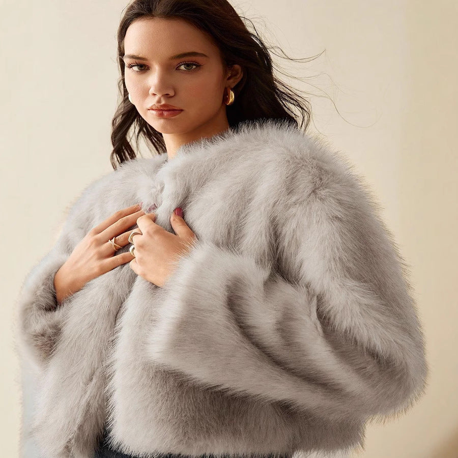 Damen extravagante Kurzarm-Felljacke mit voluminösen Ärmeln Drune