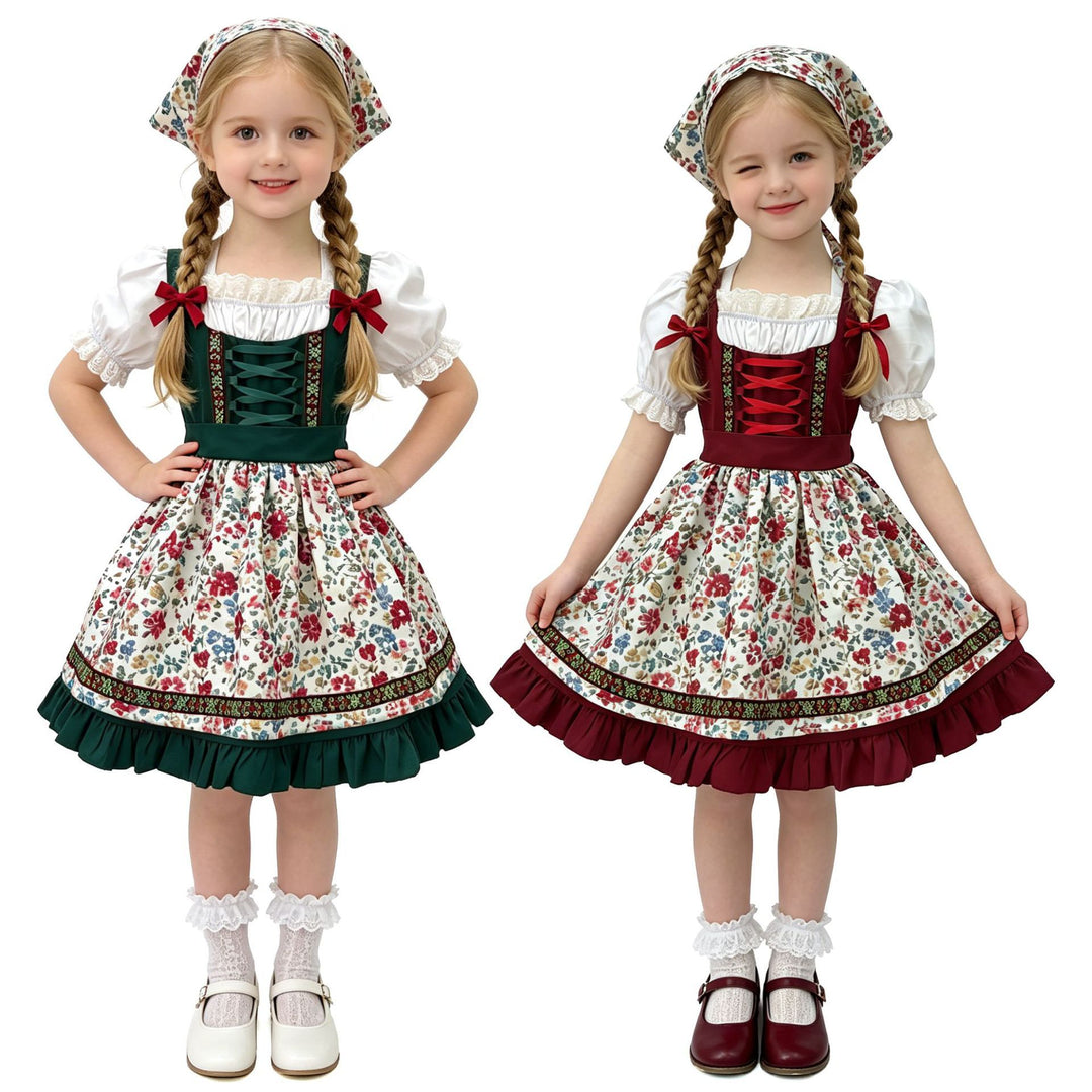 Damen nan traditionelles Kinderdirndl mit Schürze Haarband Spitzenbluse und Zierschnürung Drune