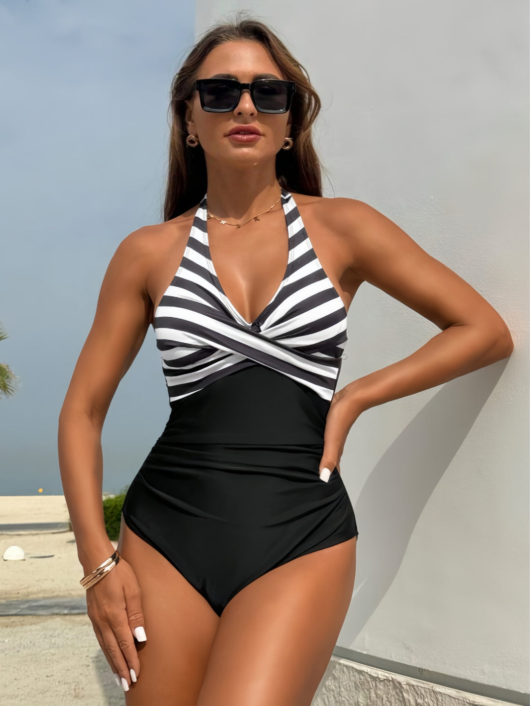 Damen Einteiliger Badeanzug mit Streifen-Design und figurformenden Elementen Drune