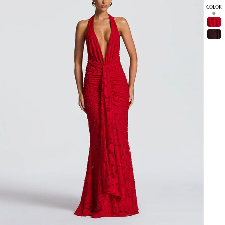 Damen Glamouröses Abendkleid mit tiefem V-Ausschnitt und geraffter Textur Drune