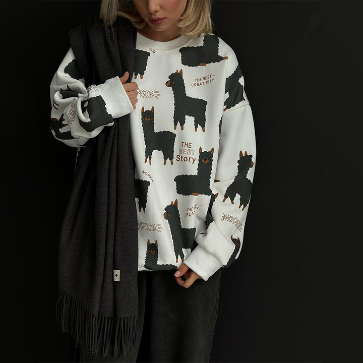 Damen lässiger Sweatshirt mit kreativem Lama-Motiv Drune