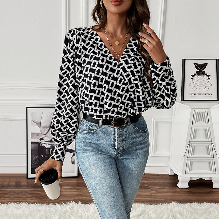 Damen Bluse mit geometrischem Muster und eleganten Puffärmeln Drune
