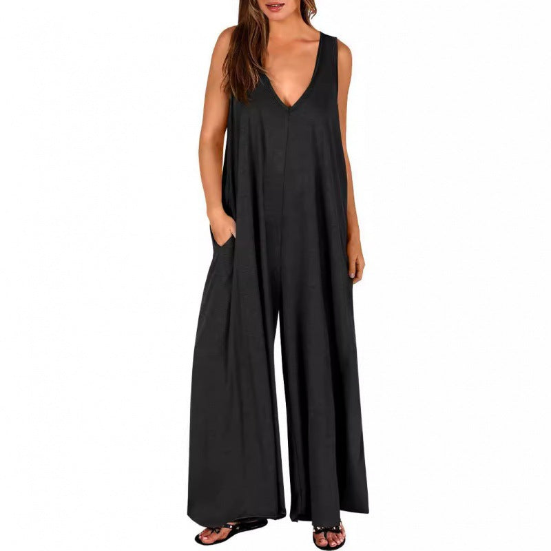 Damen Eleganter, weiter Jumpsuit mit tiefem V-Ausschnitt und praktischen Taschen Drune