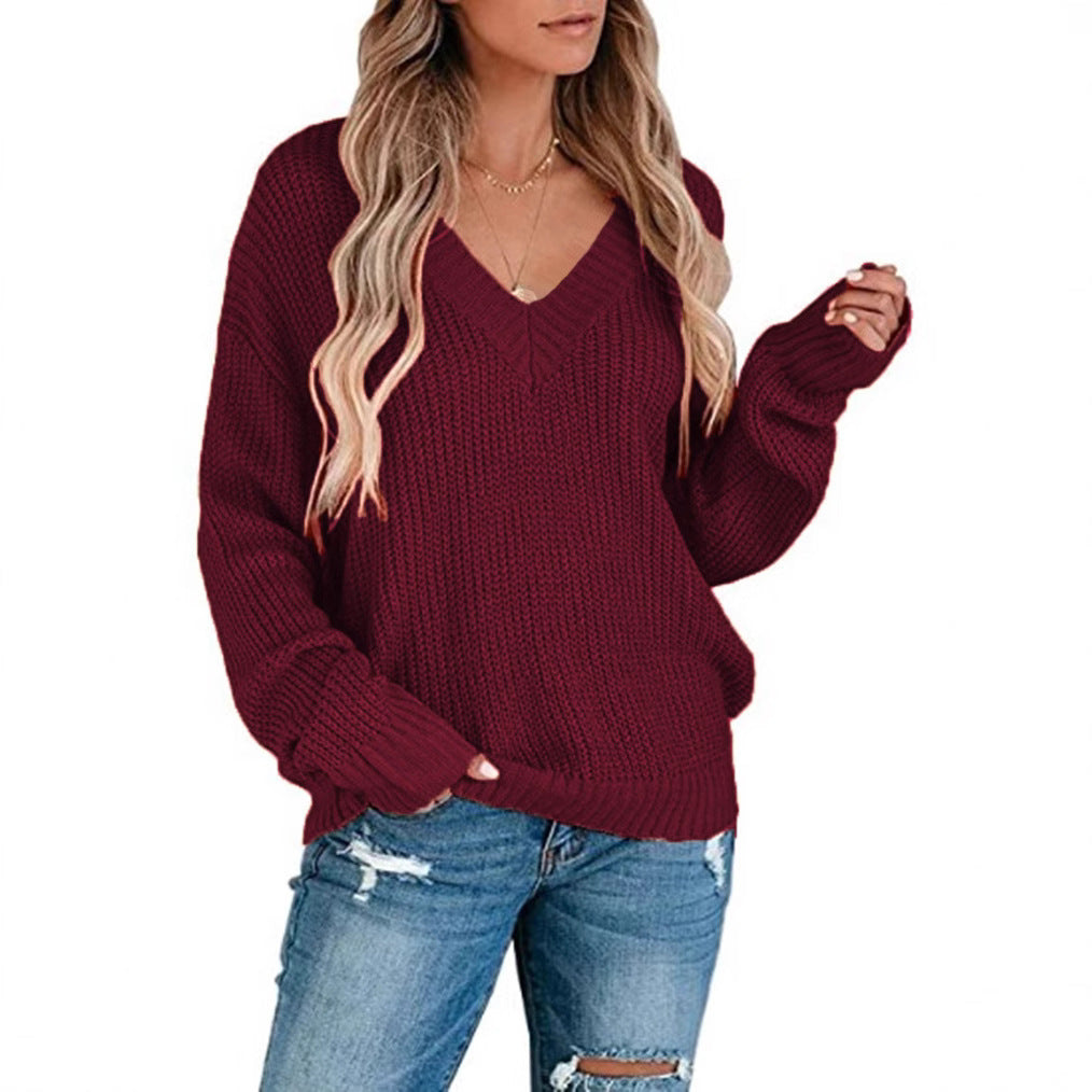 Damen lässiger Strickpullover mit V-Ausschnitt und weichem Material Drune