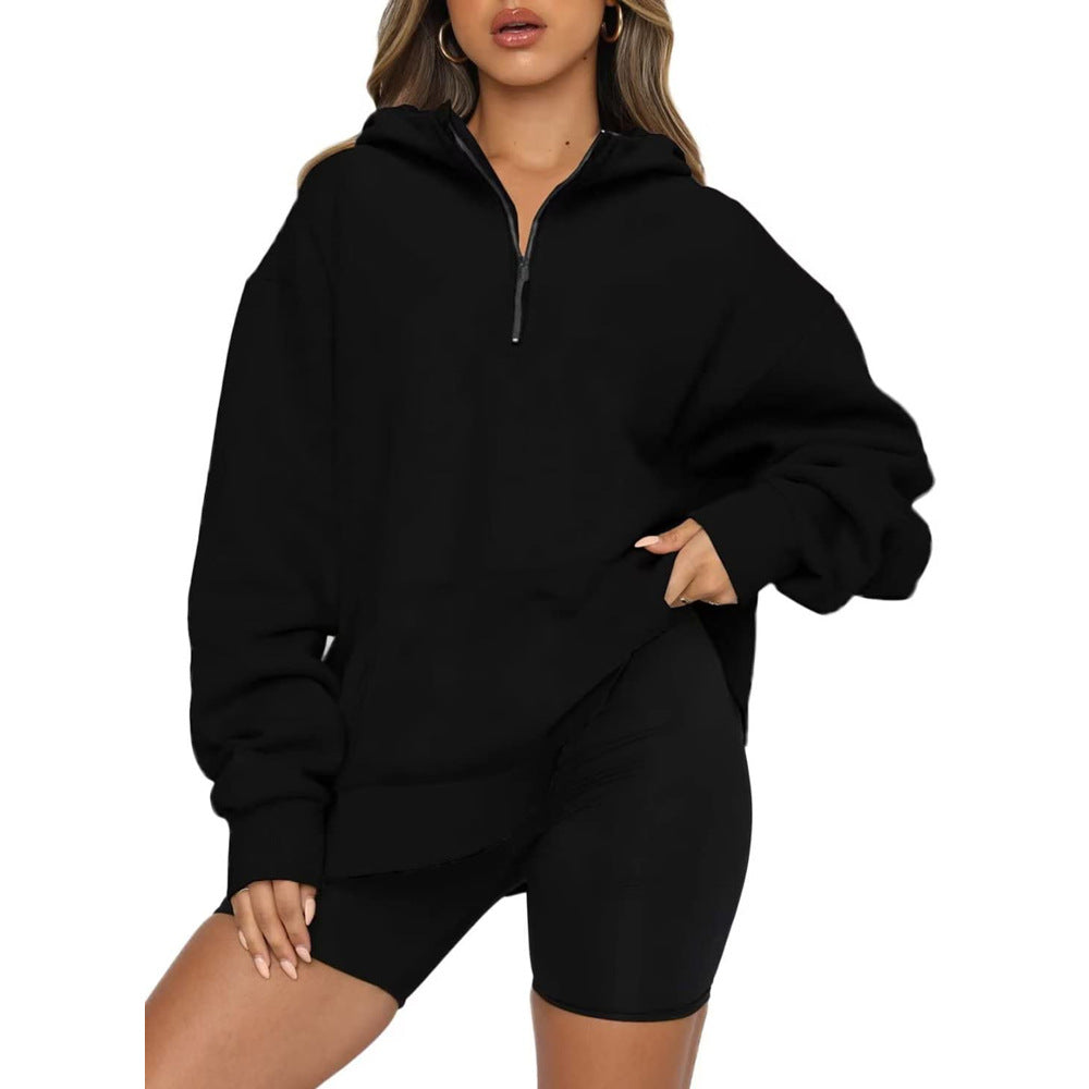 Damen Oversize Kapuzenpullover mit halbem Reißverschluss Drune
