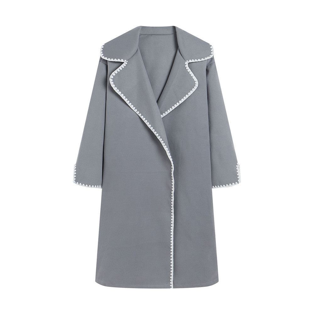 Damen eleganter Mantel mit stilvollem Umschlagkragen und kontrastierenden Ziernähten Drune