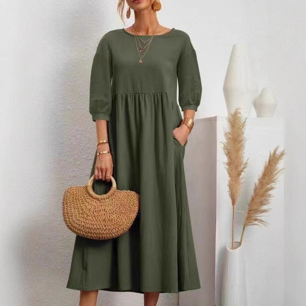 Damen Midi-Kleid mit Ballonärmeln und praktischen Taschen Drune