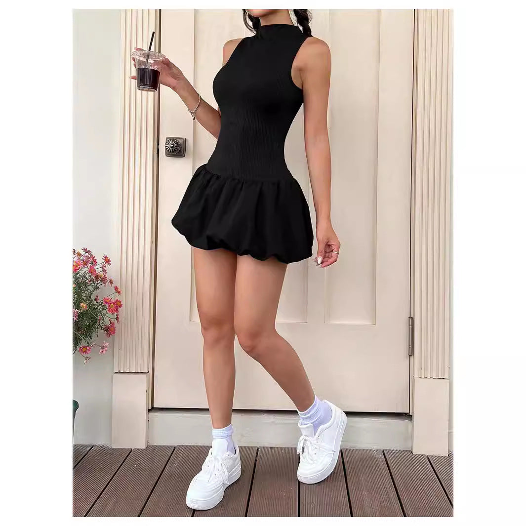 Damen trendiges Mini-Kleid mit hohem Kragen und voluminösem Rock Drune