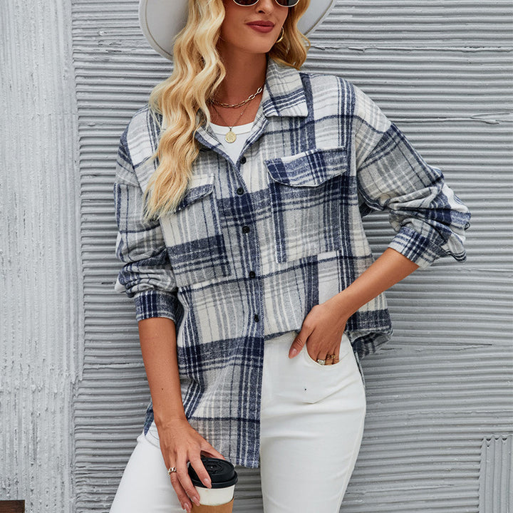 Damen lässige Flanellhemdjacke mit karriertem Design und praktischen Brusttaschen Drune