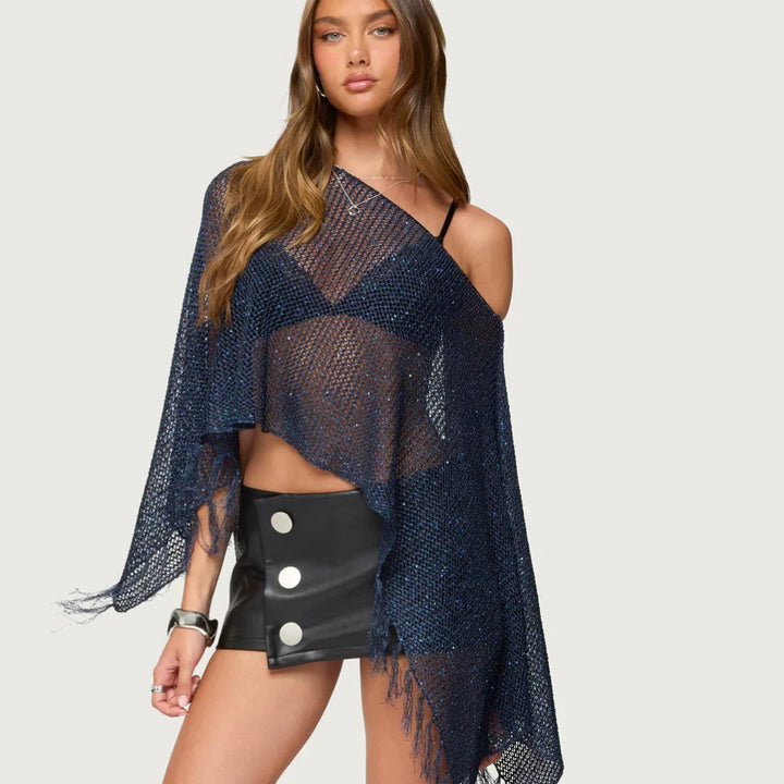 Damen Netzponcho mit funkelnden Akzenten Drune