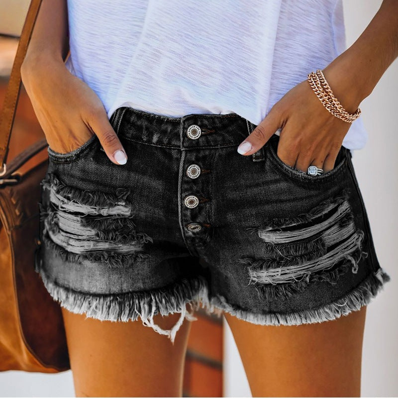 Damen Denim Shorts mit destroyed Optik und hohen Taillenbund Drune