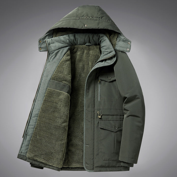 Herren  kälteproof Kapuzenparka mit vollem Sherpa-Innenfutter, Samtkragen und multifunktionalen Taschen Drune
